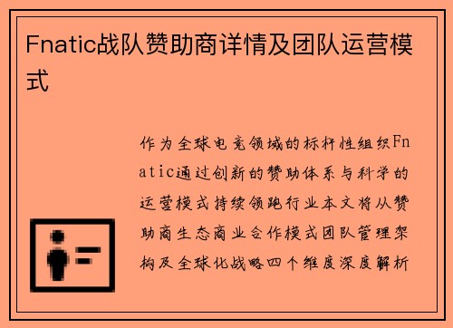 Fnatic战队赞助商详情及团队运营模式