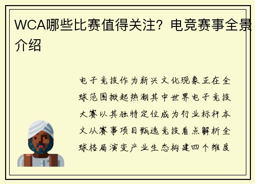 WCA哪些比赛值得关注？电竞赛事全景介绍