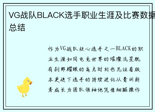 VG战队BLACK选手职业生涯及比赛数据总结