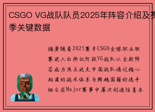 CSGO VG战队队员2025年阵容介绍及赛季关键数据