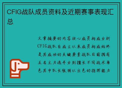 CFIG战队成员资料及近期赛事表现汇总